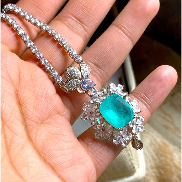 S925 huge Paraiba Tourmaline flower bridal jewelry set - Picture 2 of 16